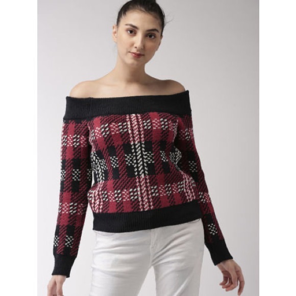 PLAID OFF SHOULDER SWEATER - Picture 1 of 6